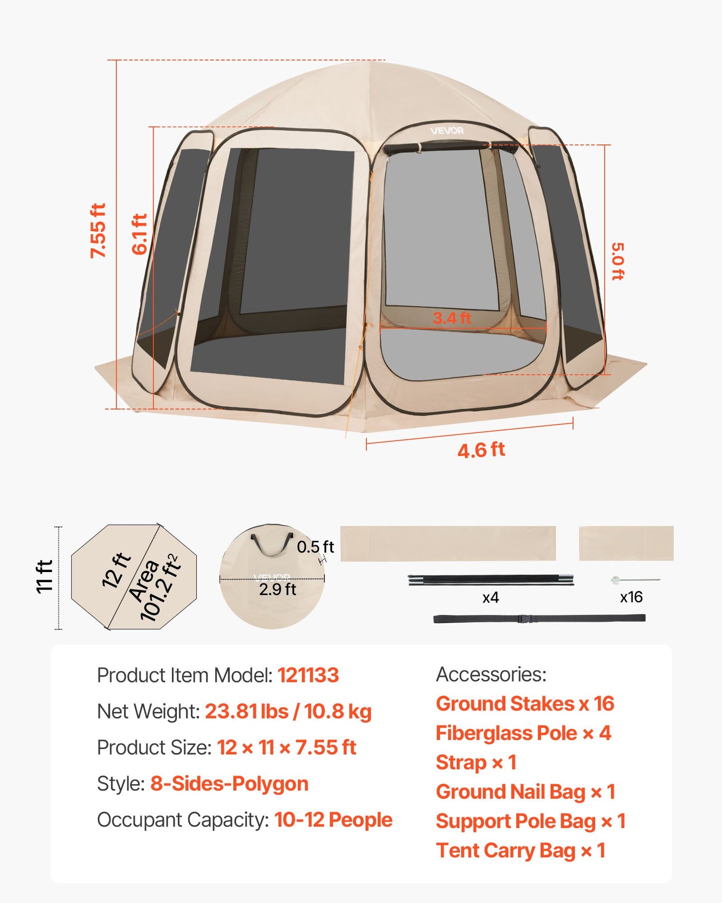 Screen House Tent, 12 x 11 ft, 10-12 Person Pop Up Screen Tent, Portable Screened in Canopy with Carry Bag, Netting Sides, Ground Stakes, for Garden, Patio, Backyard, Outdoor Activities, Beige