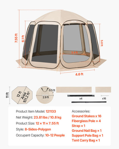Screen House Tent, 12 x 11 ft, 10-12 Person Pop Up Screen Tent, Portable Screened in Canopy with Carry Bag, Netting Sides, Ground Stakes, for Garden, Patio, Backyard, Outdoor Activities, Beige