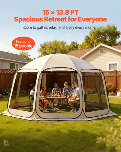 Screen House Tent, 15 x 13.8 ft, 12-15 Person Pop Up Screen Tent, Portable Screened in Canopy with Carry Bag, Netting Sides, Ground Stakes, for Garden, Patio, Backyard, Outdoor Activities, Beige