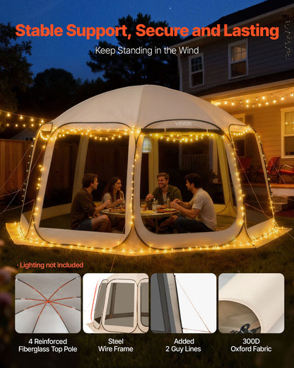 Screen House Tent, 15 x 13.8 ft, 12-15 Person Pop Up Screen Tent, Portable Screened in Canopy with Carry Bag, Netting Sides, Ground Stakes, for Garden, Patio, Backyard, Outdoor Activities, Beige