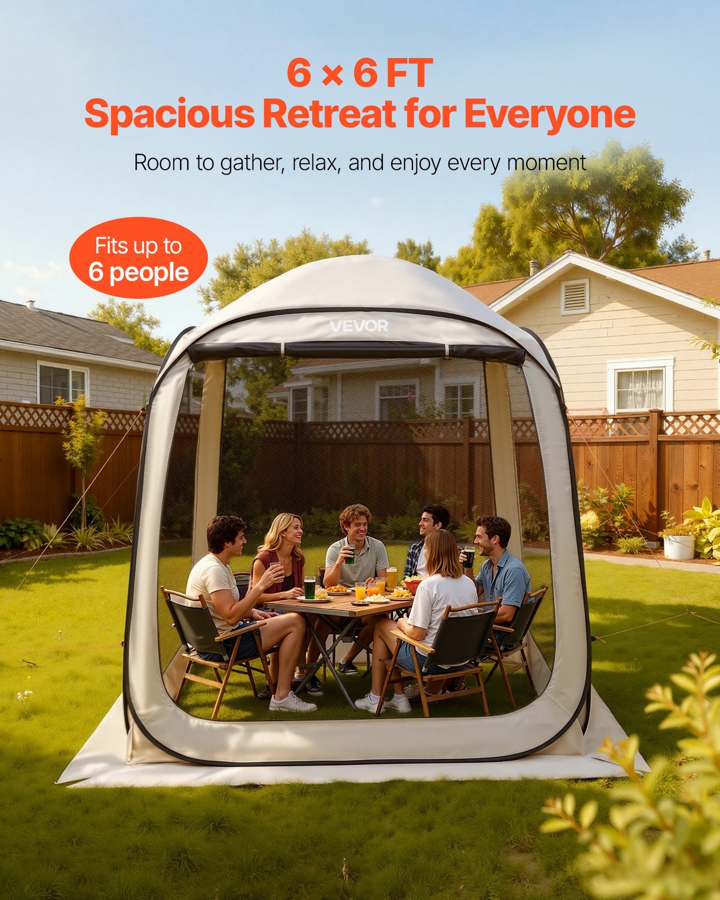 Screen House Tent, 6 x 6 ft, 4-6 Person Pop Up Screen Tent, Portable Screened in Canopy with Carry Bag, Netting Sides, Ground Stakes, for Garden, Patio, Backyard, and Outdoor Activities, Beige