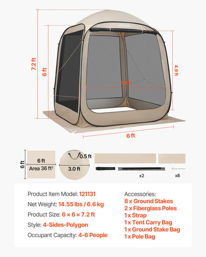 Screen House Tent, 6 x 6 ft, 4-6 Person Pop Up Screen Tent, Portable Screened in Canopy with Carry Bag, Netting Sides, Ground Stakes, for Garden, Patio, Backyard, and Outdoor Activities, Beige