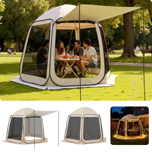 Screen House Tent, 10 x 9.2 ft, 4-8 Person Pop Up Screen Tent with Extended Awning, Portable Screened in Canopy with Carry Bag, Netting Sides, for Patio, Backyard, and Outdoor Activities, Beige