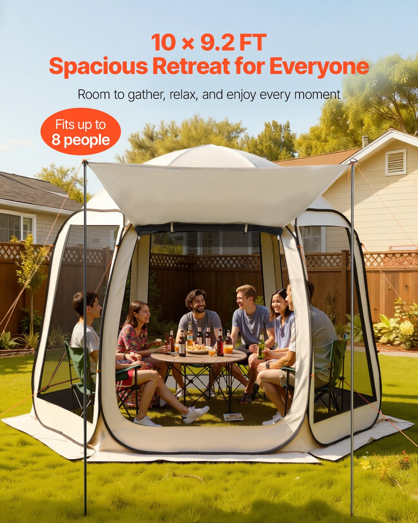 Screen House Tent, 10 x 9.2 ft, 4-8 Person Pop Up Screen Tent with Extended Awning, Portable Screened in Canopy with Carry Bag, Netting Sides, for Patio, Backyard, and Outdoor Activities, Beige