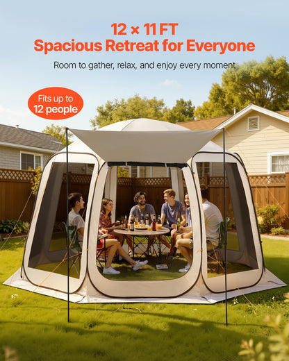 Screen House Tent, 12 x 11 ft, 10-12 Person Pop Up Screen Tent with Extended Awning, Portable Screened in Canopy with Carry Bag, Netting Sides, for Patio, Backyard, and Outdoor Activities, Beige