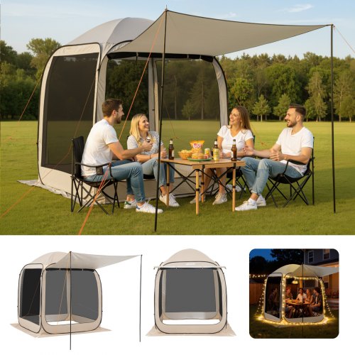 Screen House Tent, 6 x 6 ft, 4-6 Person Pop Up Screen Tent with Extended Awning, Portable Screened in Canopy with Carry Bag, Netting Sides, for Patio, Backyard, and Outdoor Activities, Beige