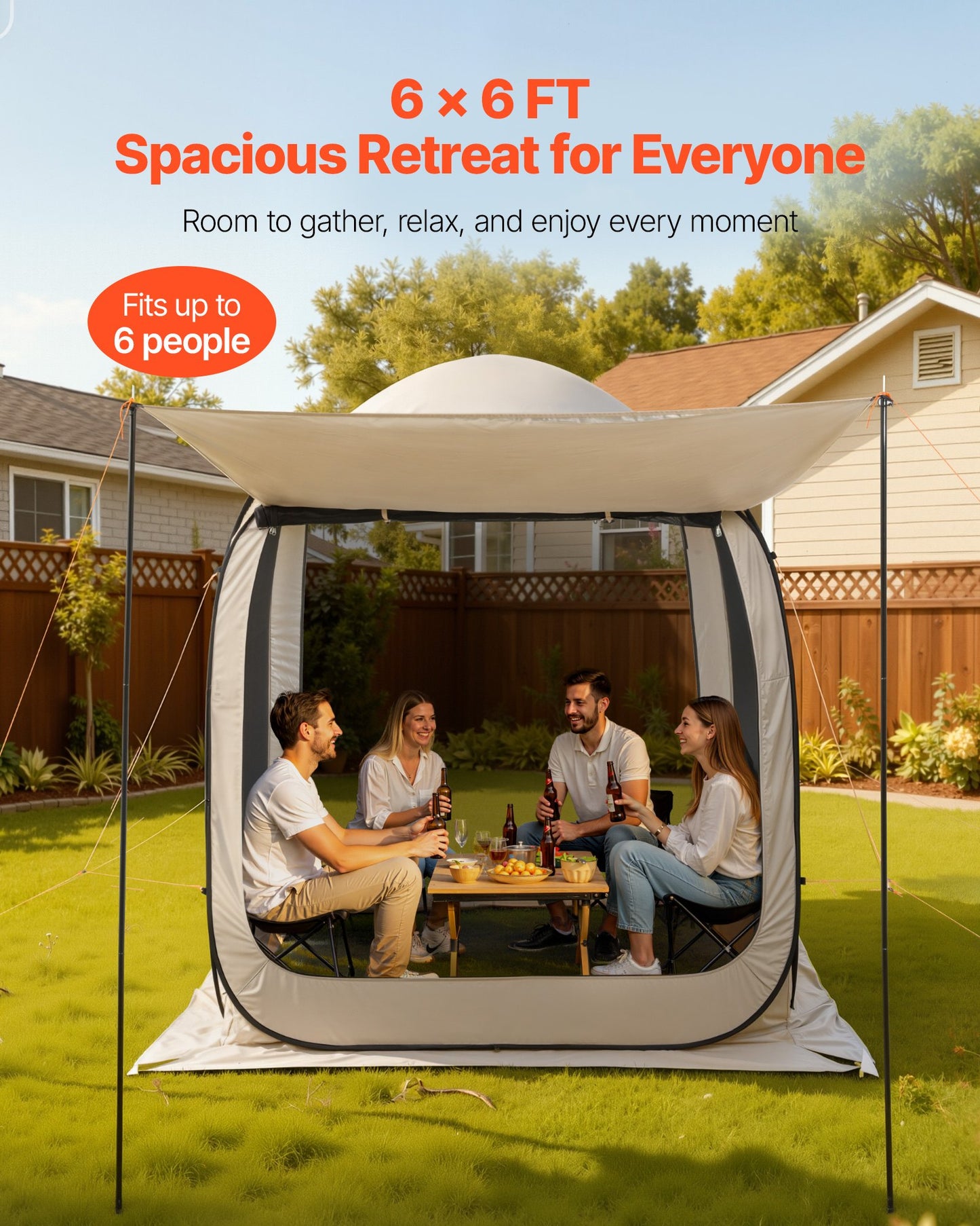 Screen House Tent, 6 x 6 ft, 4-6 Person Pop Up Screen Tent with Extended Awning, Portable Screened in Canopy with Carry Bag, Netting Sides, for Patio, Backyard, and Outdoor Activities, Beige