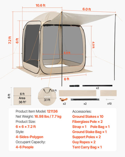 Screen House Tent, 6 x 6 ft, 4-6 Person Pop Up Screen Tent with Extended Awning, Portable Screened in Canopy with Carry Bag, Netting Sides, for Patio, Backyard, and Outdoor Activities, Beige