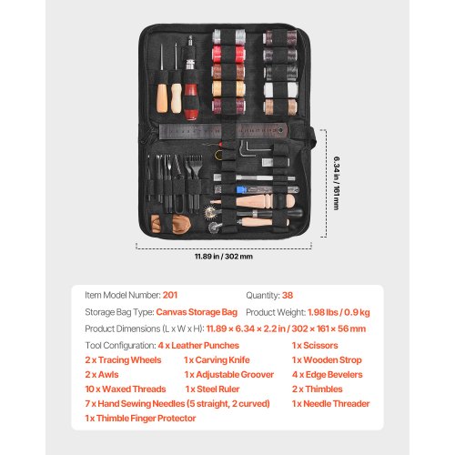 Lederbearbeitungs-Werkzeugset, 38-teilig, Gravur-, Stanz- und Prägewerkzeuge, Nähwerkzeuge | EU