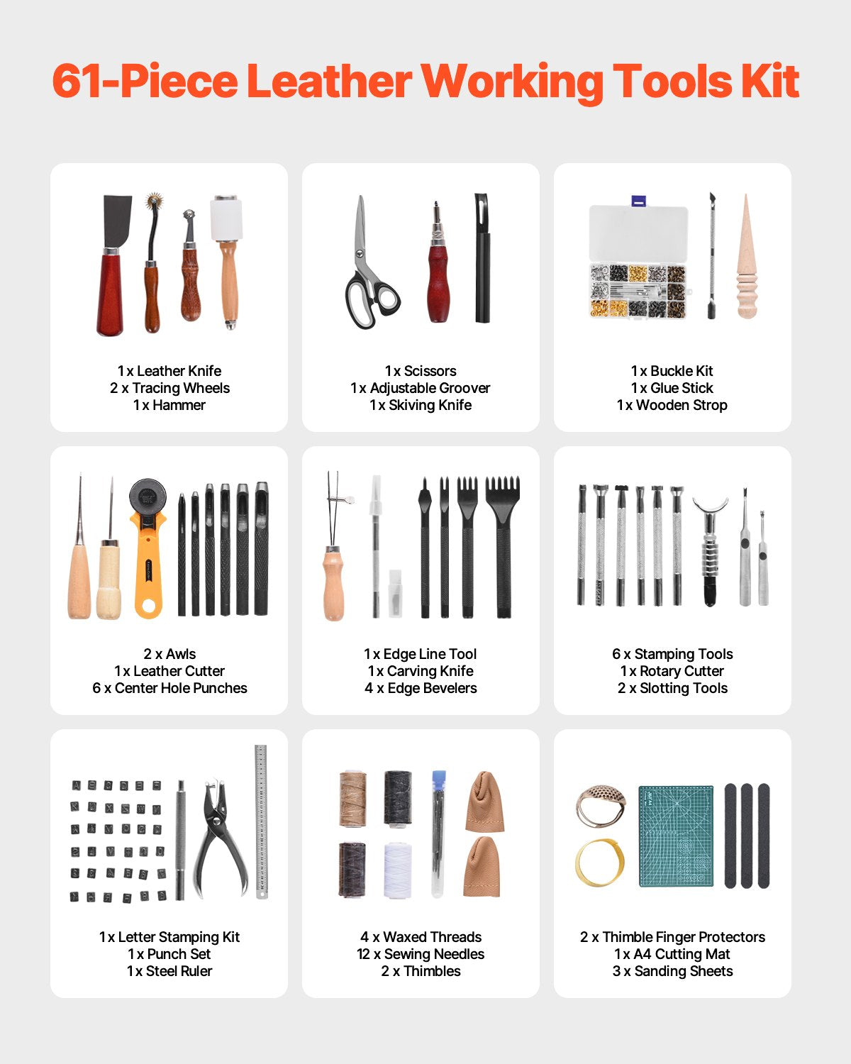Leather Working Tools Kit, 61 PCS Leather Craft Tools with Portable Canvas Storage Bag, Engraving Punching Sewing Stamping Sanding Tools, Ideal for Beginners DIY Enthusiasts and Professionals