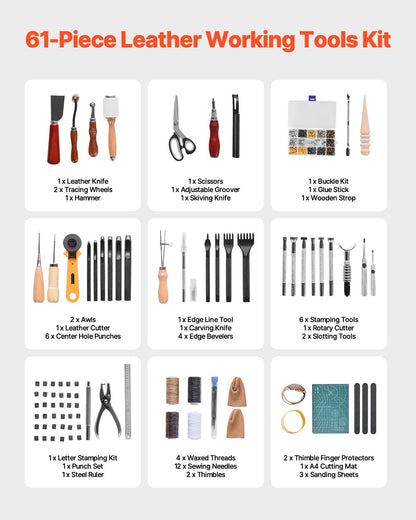 Leather Working Tools Kit, 61 PCS Leather Craft Tools with Portable Canvas Storage Bag, Engraving Punching Sewing Stamping Sanding Tools, Ideal for Beginners DIY Enthusiasts and Professionals