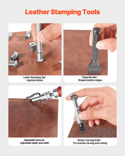 Leather Working Tools Kit, 61 PCS Leather Craft Tools with Portable Canvas Storage Bag, Engraving Punching Sewing Stamping Sanding Tools, Ideal for Beginners DIY Enthusiasts and Professionals