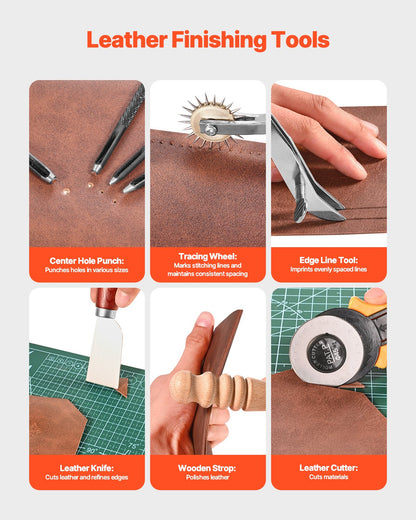 Leather Working Tools Kit, 61 PCS Leather Craft Tools with Portable Canvas Storage Bag, Engraving Punching Sewing Stamping Sanding Tools, Ideal for Beginners DIY Enthusiasts and Professionals