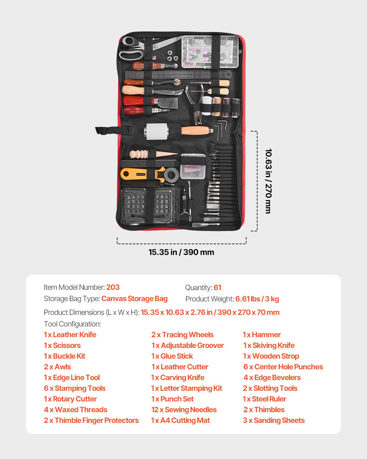 Leather Working Tools Kit, 61 PCS Leather Craft Tools with Portable Canvas Storage Bag, Engraving Punching Sewing Stamping Sanding Tools, Ideal for Beginners DIY Enthusiasts and Professionals