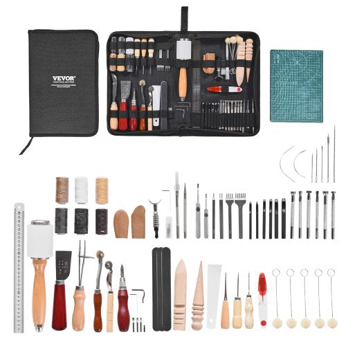 Leather Working Tools Kit, 59 PCS Leather Craft Tools with Portable Canvas Storage Bag, Engraving Punching Sewing Stamping Sanding Tools, Ideal for Beginners DIY Enthusiasts and Professionals