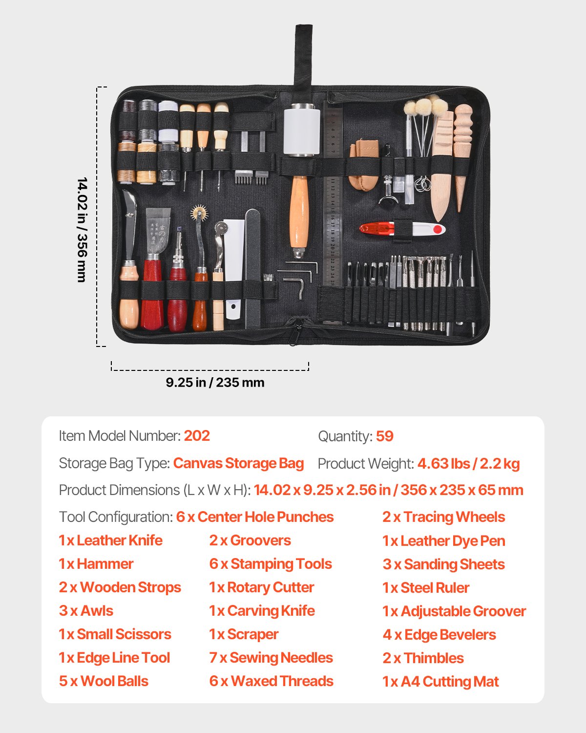 Leather Working Tools Kit, 59 PCS Leather Craft Tools with Portable Canvas Storage Bag, Engraving Punching Sewing Stamping Sanding Tools, Ideal for Beginners DIY Enthusiasts and Professionals