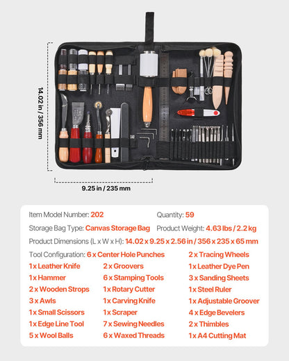 Leather Working Tools Kit, 59 PCS Leather Craft Tools with Portable Canvas Storage Bag, Engraving Punching Sewing Stamping Sanding Tools, Ideal for Beginners DIY Enthusiasts and Professionals