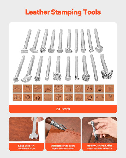 Leather Working Tools Kit, 72 PCS Leather Craft Tools with Portable Leather Storage Bag, Engraving Punching Sewing Stamping Sanding Tools, Ideal for Beginners DIY Enthusiasts and Professionals