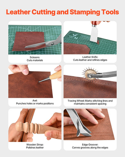 Leather Working Tools Kit, 72 PCS Leather Craft Tools with Portable Leather Storage Bag, Engraving Punching Sewing Stamping Sanding Tools, Ideal for Beginners DIY Enthusiasts and Professionals