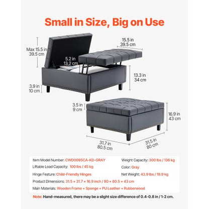 76cm Square Leather Ottoman with Storage Coffee Table for Living Room | EU