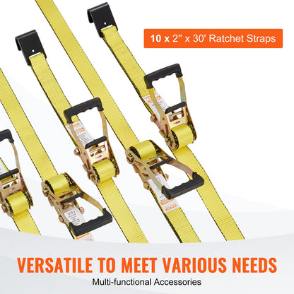 Ratchet Tie Down Straps (10PK), 10000 lb Breaking Strength, Endless Ratchet with 10 Premium 2" x 30" Tie Downs Heavy Duty, Track Spring Fasteners for Moving Secure Cargo, Appliances, Motorcycle