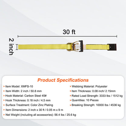 Ratchet Tie Down Straps (10PK), 10000 lb Breaking Strength, Endless Ratchet with 10 Premium 2" x 30" Tie Downs Heavy Duty, Track Spring Fasteners for Moving Secure Cargo, Appliances, Motorcycle