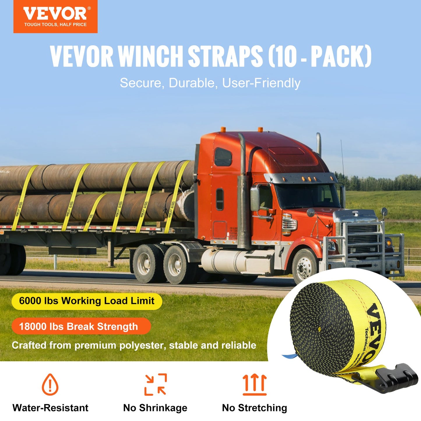 Winch Straps, 4" x 30', 6000 lbs Load Capacity, 18000 lbs Breaking Strength, Flat Hook Truck Straps, Flatbed Tie Down Load Control for Trailers, Farms, Rescues, Tree Rescuers, Yellow (10-Pack)