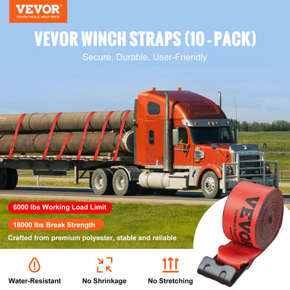 Winch Straps, 4" x 30', 6000 lbs Load Capacity, 18000 lbs Breaking Strength, Flat Hook Truck Straps, Flatbed Tie Down Load Control for Trailers, Farms, Rescues, Tree Rescuers, Red (10-Pack)