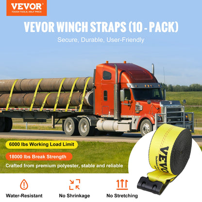 Winch Straps, 4" x 40', 6000 lbs Load Capacity, 18000 lbs Breaking Strength, Flat Hook Truck Straps, Flatbed Tie Down Load Control for Trailers, Farms, Rescues, Tree Rescuers, Yellow (10-Pack)