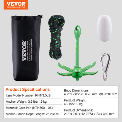 Kayak Anchor Kit, 3.5 lb Paddle Board Anchor Kit with 26.2 ft/8 m Rope and Buoy, Folding Small Boat Anchor with Storage Bag and Snap Hook, Kayak Accessories for Kayaks, Small Boats, Canoes