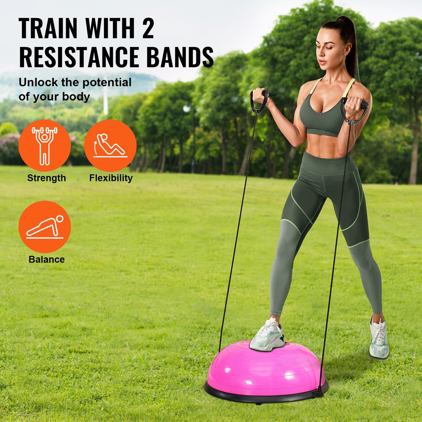 Half Exercise Ball Trainer, 23 inch Balance Ball Trainer, 660lbs Capacity Stability Ball, Yoga Ball with Resistance Bands & Foot Pump, Strength Fitness Ball for Home Gym, Full Body Workout, Pink