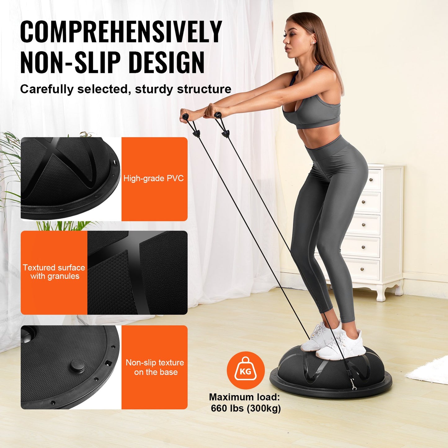 Half Exercise Ball Trainer, 23 inch Balance Ball Trainer, 660 lbs Capacity Stability Ball, Yoga Ball with Resistance Bands and Pump, Strength Fitness Ball for Home Gym, Full Body Workouts, Black