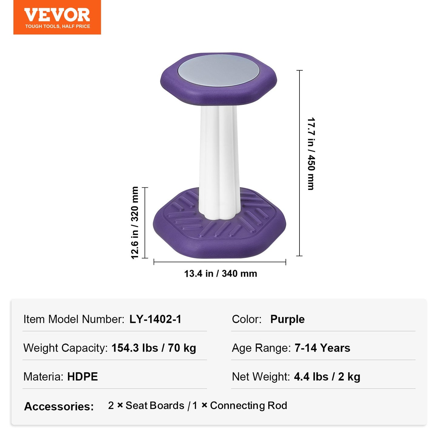 Kids Wobble Chair, Active Chair with Sponge Cushion, Wobble Stool Improves Focus, Posture and Calm Children, Ideal for Schools and Home, Age 7-14, Purple
