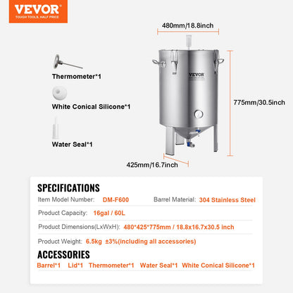 304 Stainless Steel Kettle, 16 GALLON Beer Brew Fermentor, Brew Bucket Fermentor for Brewing, Home Brewing Supplies with Base, Kettle Stock Pot Includes Lid, Handle, Valve, Spigot, Thermometer