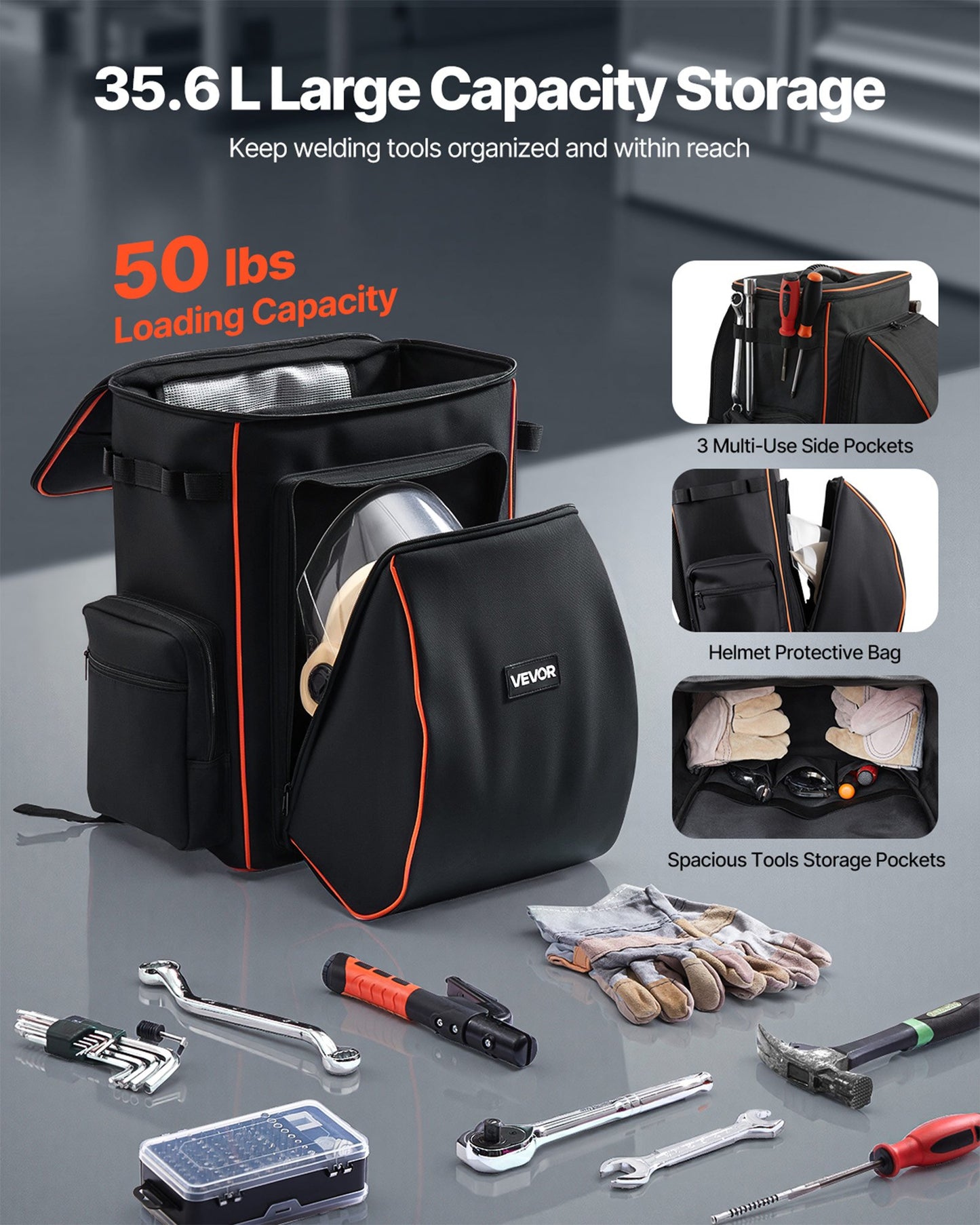 Welding Backpack, 35.6L Welder Backpack for Tools and Helmet, 600D Polyester Extreme Gear Pack with Helmet Catch Bag, Multi-Purpose Gear Storage Bag for Welding, Outdoor Camping, Mountaineering