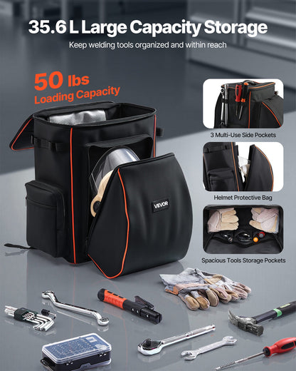 Welding Backpack, 35.6L Welder Backpack for Tools and Helmet, 600D Polyester Extreme Gear Pack with Helmet Catch Bag, Multi-Purpose Gear Storage Bag for Welding, Outdoor Camping, Mountaineering