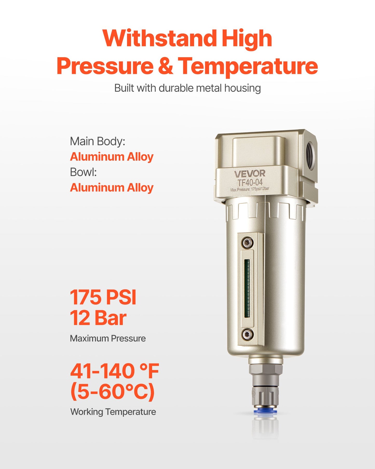 Air Compressor Filter, 1/2" NPT Air-Dryer for Compressor with 5μm Brass Filter Element, Auto-Drain Air Compressor Water Separator 175 PSI Max Working Pressure, Aluminum Alloy Bowl