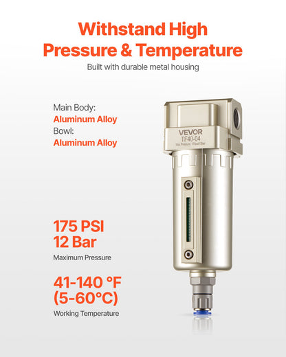 Air Compressor Filter, 1/2" NPT Air-Dryer for Compressor with 5μm Brass Filter Element, Auto-Drain Air Compressor Water Separator 175 PSI Max Working Pressure, Aluminum Alloy Bowl