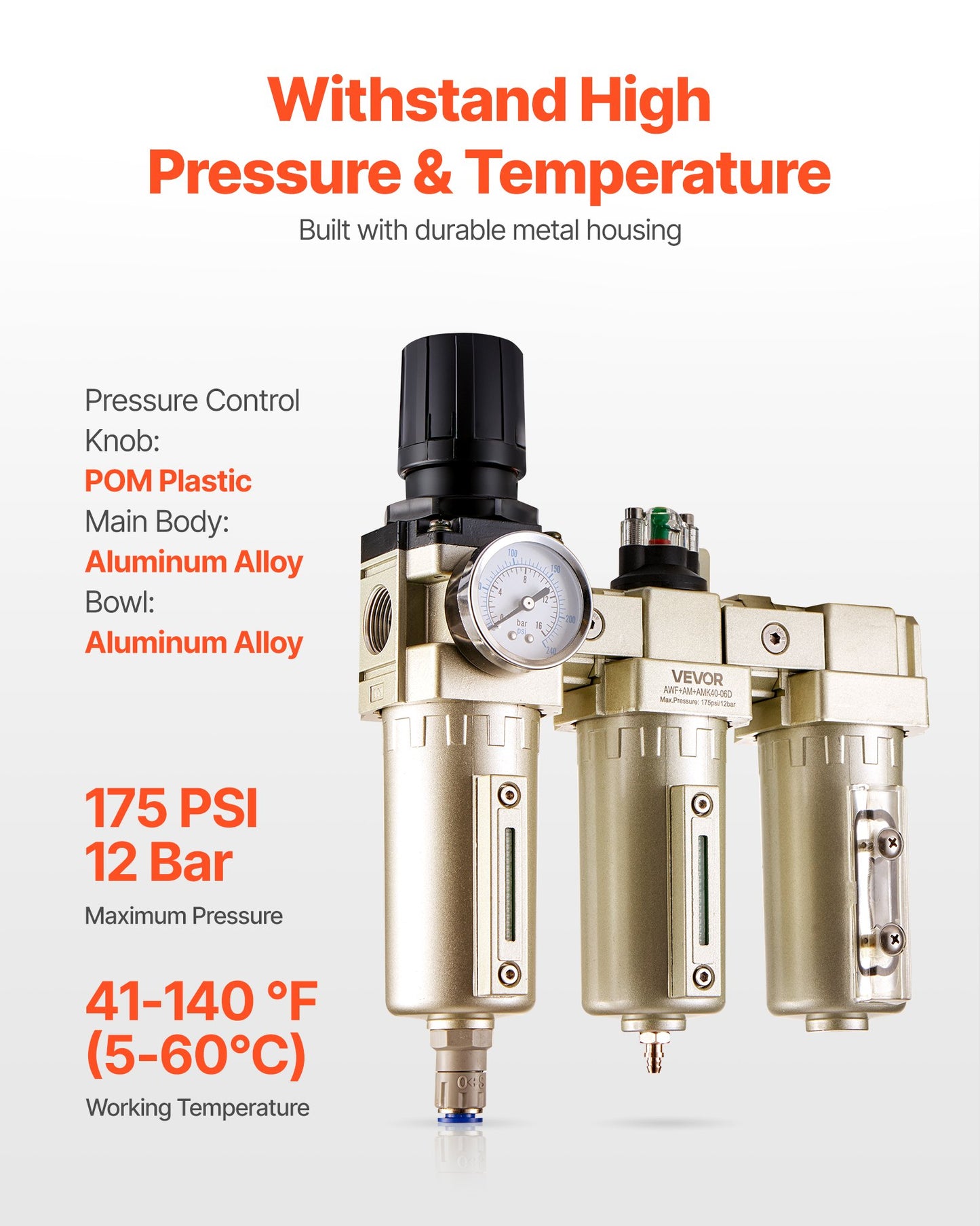 Air Compressor Filter Regulator, 3/4" NPT 3-Stage 5μm & 0.3μm & 0.1μm Air Drying System with Micron Filters and Desiccant Dryer, Auto Drain Air Compressor Water Separator 175PSI Max Pressure