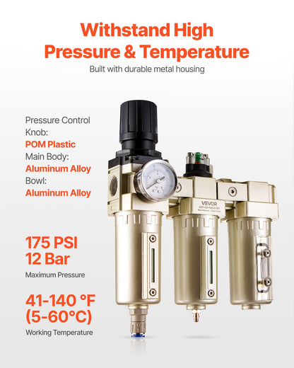 Air Compressor Filter Regulator, 3/4" NPT 3-Stage 5μm & 0.3μm & 0.1μm Air Drying System with Micron Filters and Desiccant Dryer, Auto Drain Air Compressor Water Separator 175PSI Max Pressure