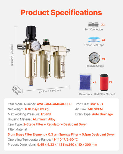 Air Compressor Filter Regulator, 3/4" NPT 3-Stage 5μm & 0.3μm & 0.1μm Air Drying System with Micron Filters and Desiccant Dryer, Auto Drain Air Compressor Water Separator 175PSI Max Pressure