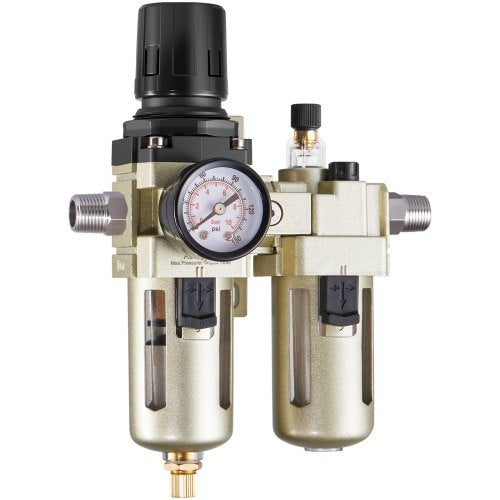 Air Compressor Filter Regulator Lubricator (FRL), 3/8" NPT Air Compressor Water Separator, Semi-Auto Drain Air-Drying System with 5μm Brass Filter Element, 145PSI Max Working Pressure, Poly Bowl