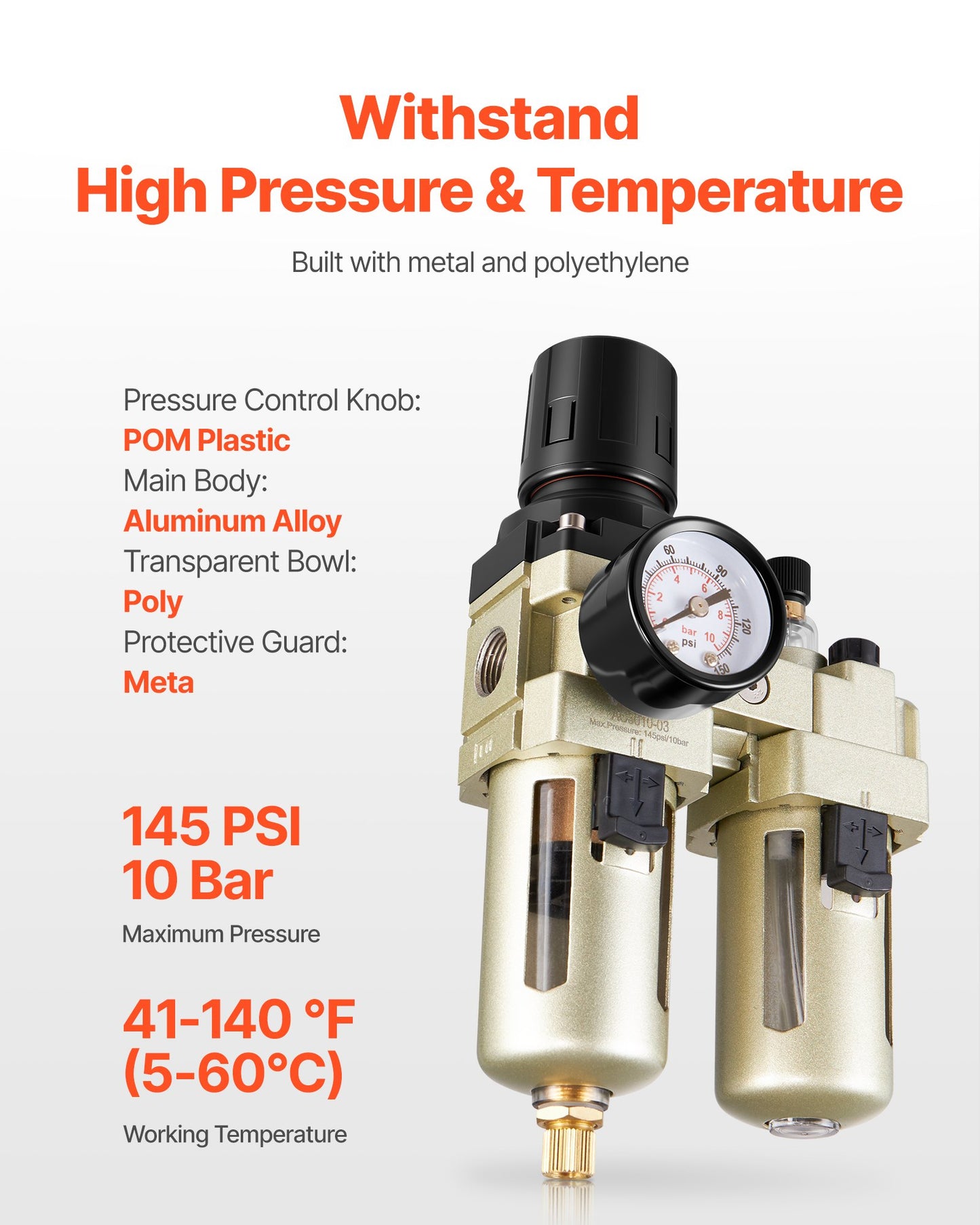 Air Compressor Filter Regulator Lubricator (FRL), 3/8" NPT Air Compressor Water Separator, Semi-Auto Drain Air-Drying System with 5μm Brass Filter Element, 145PSI Max Working Pressure, Poly Bowl
