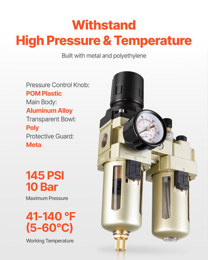 Air Compressor Filter Regulator Lubricator (FRL), 3/8" NPT Air Compressor Water Separator, Semi-Auto Drain Air-Drying System with 5μm Brass Filter Element, 145PSI Max Working Pressure, Poly Bowl
