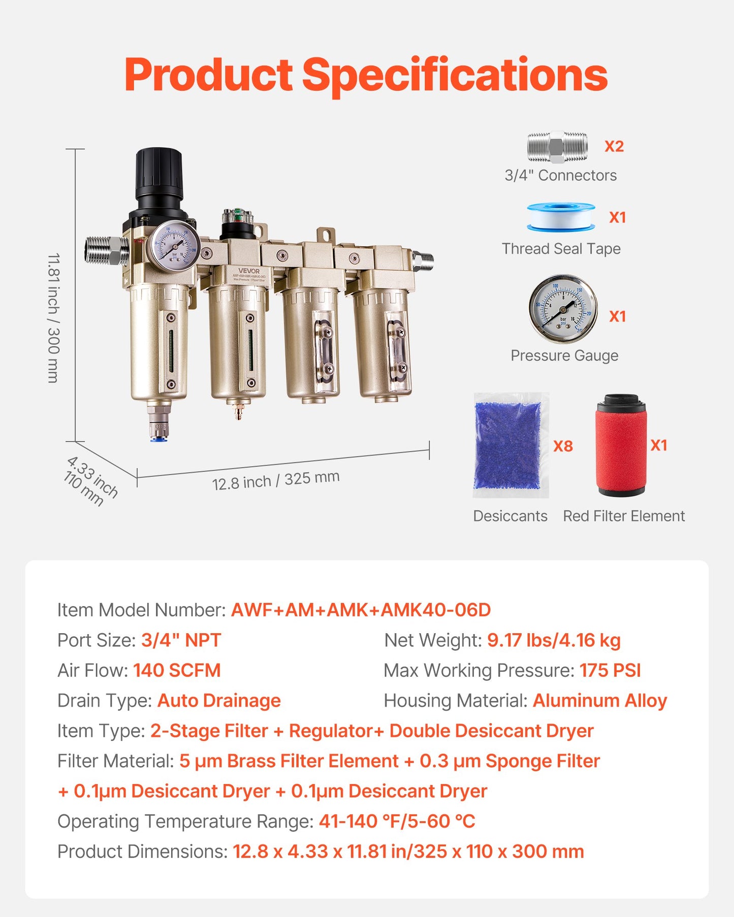 Air Compressor Filter Regulator, 3/4" NPT 4-Stage 5μm & 0.3μm & 0.1μm & 0.1μm Air Drying System with Micron Filters & Double Desiccant Dryer, Auto Drain Air Compressor Water Separator 175PSI Max
