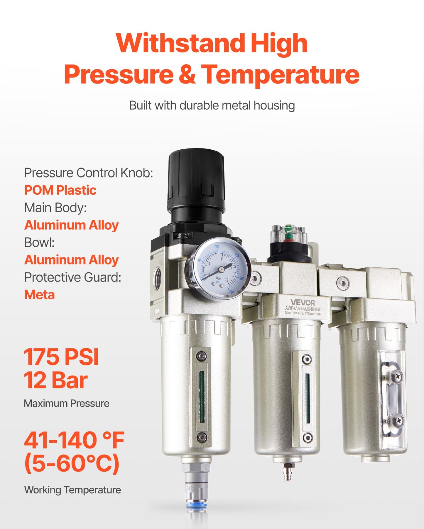Air Compressor Filter Regulator, 1/2" NPT 3-Stage 5μm & 0.3μm & 0.1μm Air Drying System with Micron Filters and Desiccant Dryer, Auto Drain Air Compressor Water Separator 175PSI Max Pressure