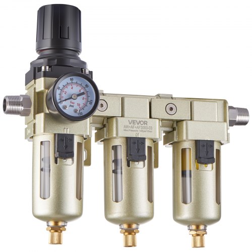 Air Compressor Filter Regulator, 3/8" NPT 3-Stage Air Compressor Water Separator with 5μm/1μm/0.01μm Micron Filter Elements, Semi Auto Drain Air-Drying System 145PSI Max Pressure, Poly Bowl