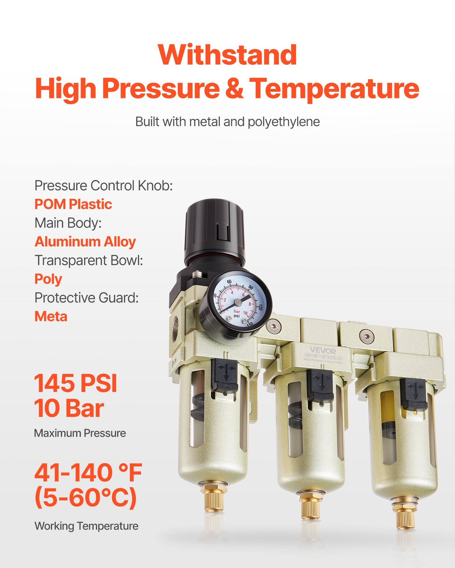 Air Compressor Filter Regulator, 3/8" NPT 3-Stage Air Compressor Water Separator with 5μm/1μm/0.01μm Micron Filter Elements, Semi Auto Drain Air-Drying System 145PSI Max Pressure, Poly Bowl