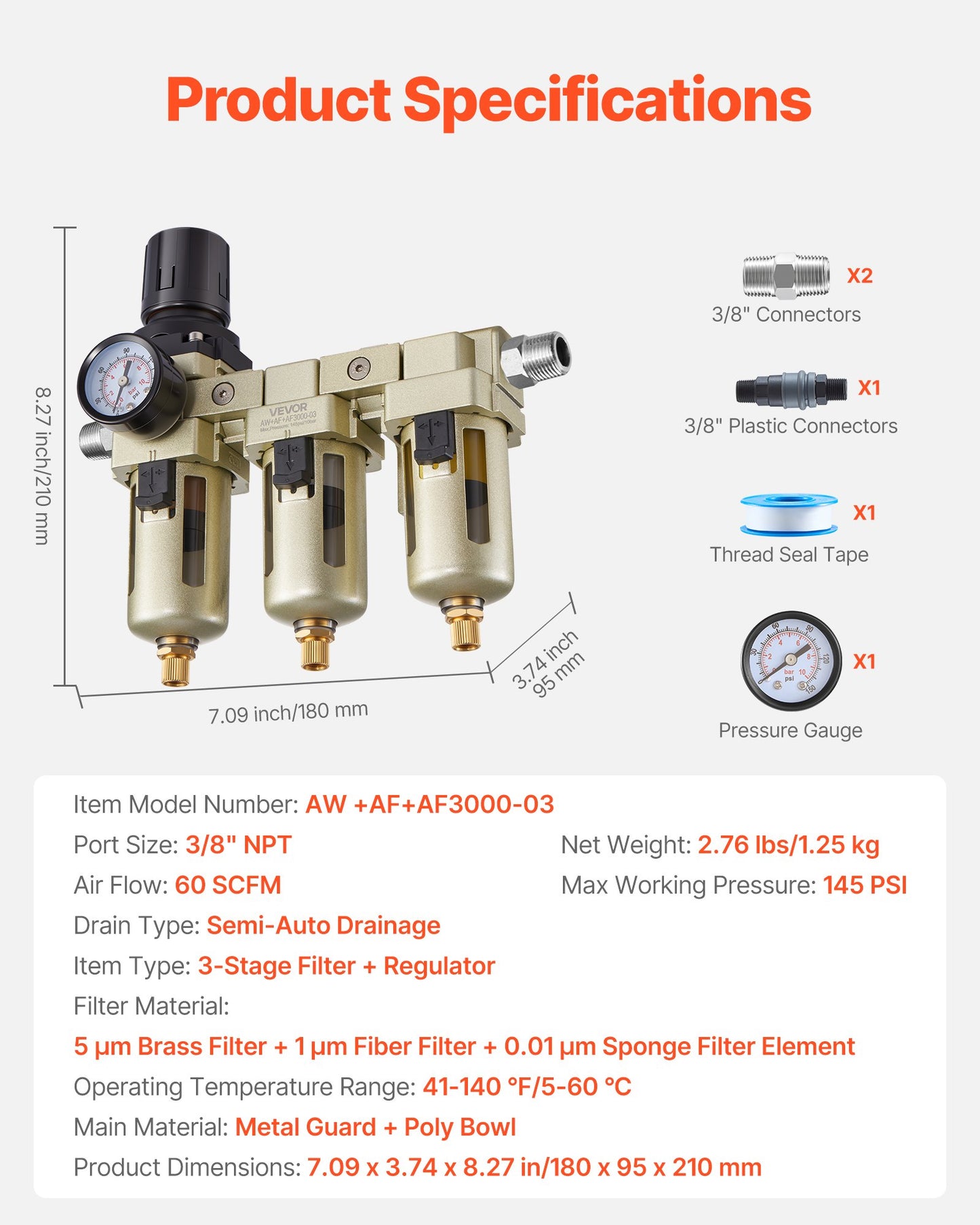 Air Compressor Filter Regulator, 3/8" NPT 3-Stage Air Compressor Water Separator with 5μm/1μm/0.01μm Micron Filter Elements, Semi Auto Drain Air-Drying System 145PSI Max Pressure, Poly Bowl