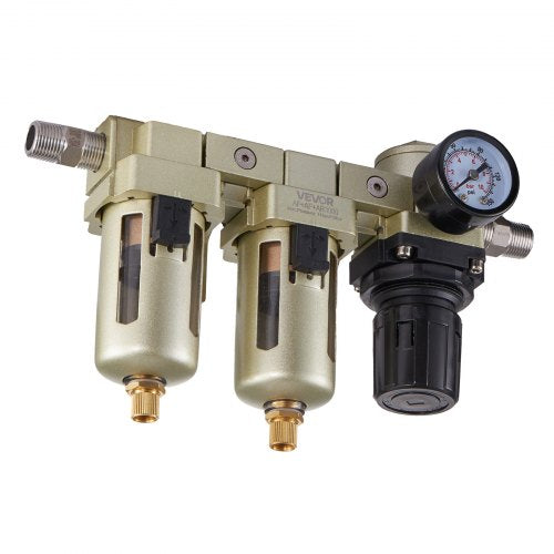 Air Compressor Filter Regulator, 3/8" NPT Dual Stage Air-Drying System with 25μm + 5μm Brass Filter Element, Semi-Auto Drain Air Compressor Water Separator 145PSI Max Working Pressure, Poly Bowl